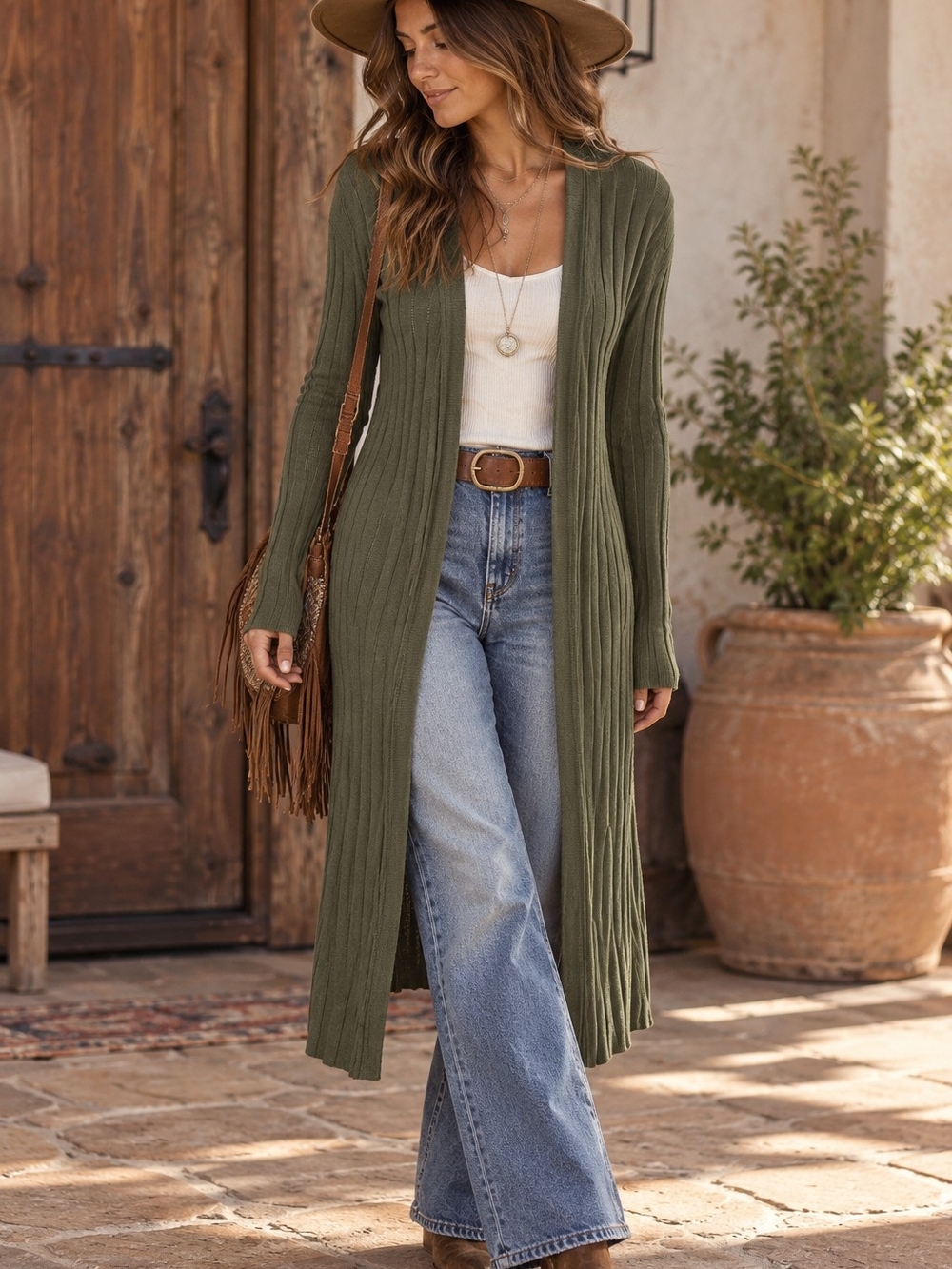 Free People XS Olive Longline Cardigan Ribbed Boho Minimalist Fall Layering